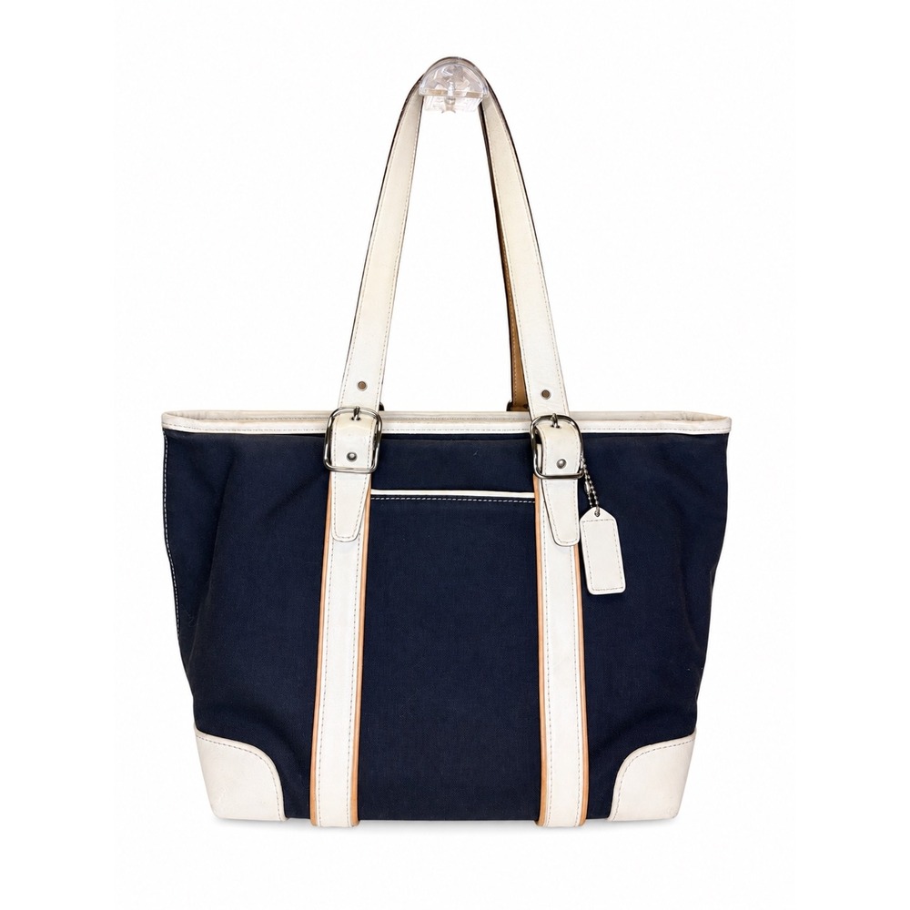 Coach Hamptons Weekend Navy Canvas White Leather Trim Tote Bag 6260